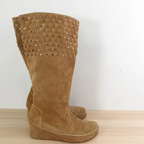 Southwestern Knee High Platform Boots Women 8.5 Camel Wedge Boho Tall CHOCOLAT