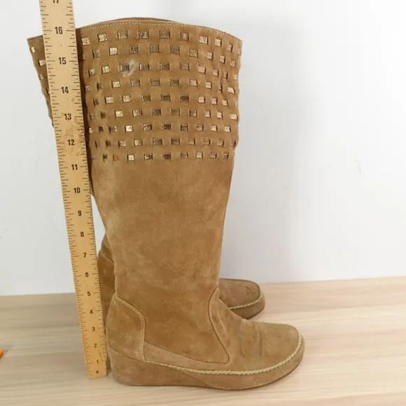 Southwestern Knee High Platform Boots Women 8.5 Camel Wedge Boho Tall CHOCOLAT