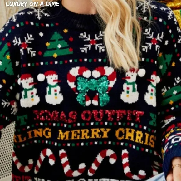 Sparking Xmas Bold Colorful Knit Christmas Top Holiday Oversized Sweater Shirt