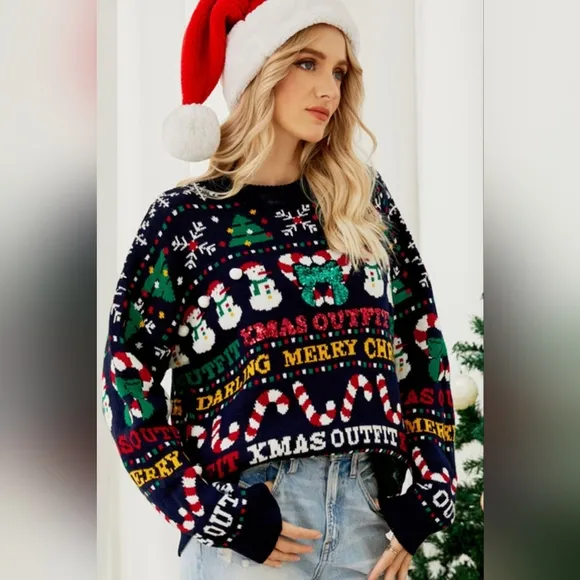 Sparking Xmas Bold Colorful Knit Christmas Top Holiday Oversized Sweater Shirt