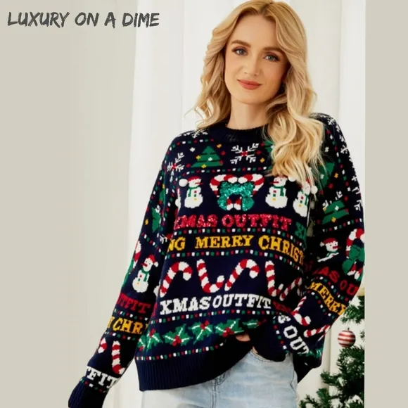 Sparking Xmas Bold Colorful Knit Christmas Top Holiday Oversized Sweater Shirt