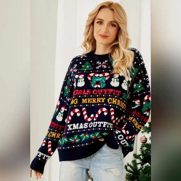 Sparking Xmas Bold Colorful Knit Christmas Top Holiday Oversized Sweater Shirt