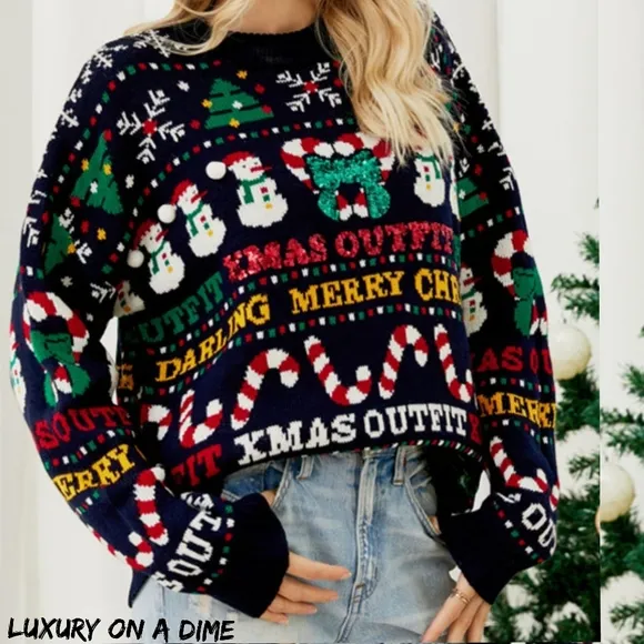 Sparking Xmas Bold Colorful Knit Christmas Top Holiday Oversized Sweater Shirt