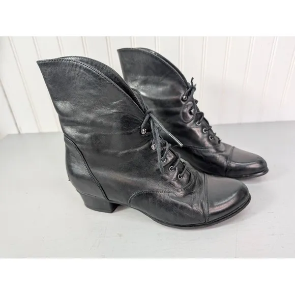 Spring Step Size 36 Black Leather Fold Down Granny Ankle Boots Cap Toe‎ Lace Up
