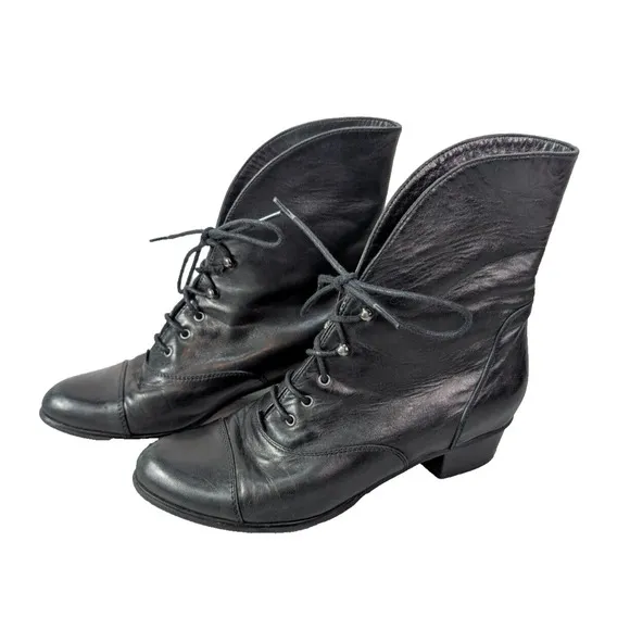 Spring Step Size 36 Black Leather Fold Down Granny Ankle Boots Cap Toe‎ Lace Up