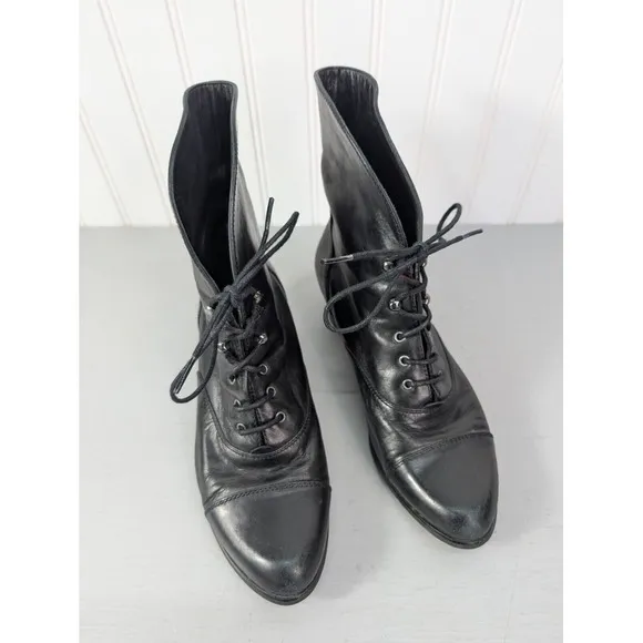 Spring Step Size 36 Black Leather Fold Down Granny Ankle Boots Cap Toe‎ Lace Up