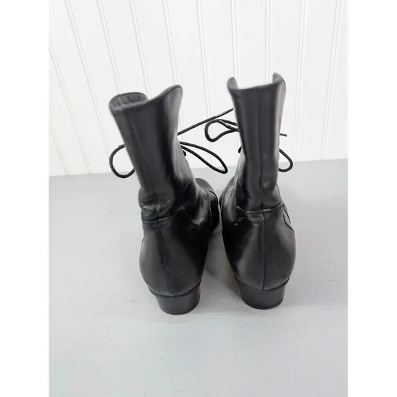Spring Step Size 36 Black Leather Fold Down Granny Ankle Boots Cap Toe‎ Lace Up