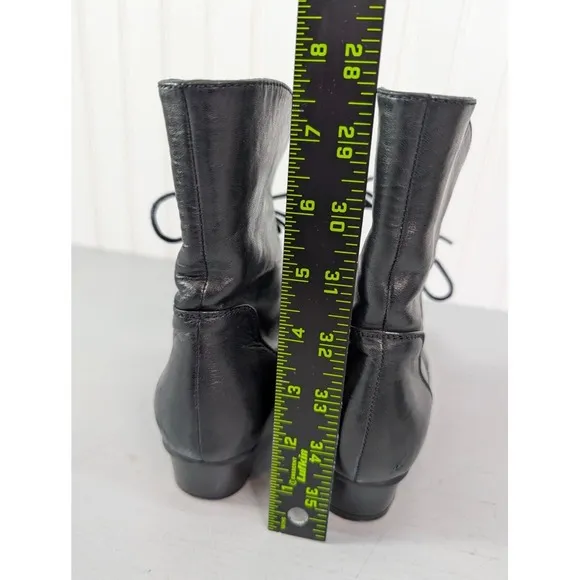 Spring Step Size 36 Black Leather Fold Down Granny Ankle Boots Cap Toe‎ Lace Up