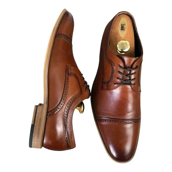 Stacy Adams Dickinson Cap Toe Oxford Cognac Leather Laceup Men's Dress Shoe 10.5