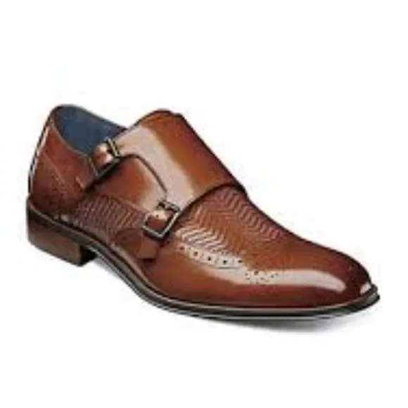 STACY ADAMS Men's Mabry Moc Toe Double Monk Strap Tan Buffalo Leather ShoeS