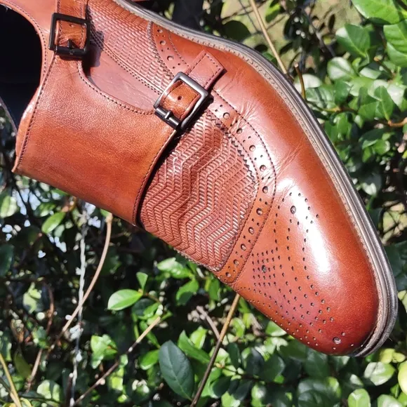 STACY ADAMS Men's Mabry Moc Toe Double Monk Strap Tan Buffalo Leather ShoeS