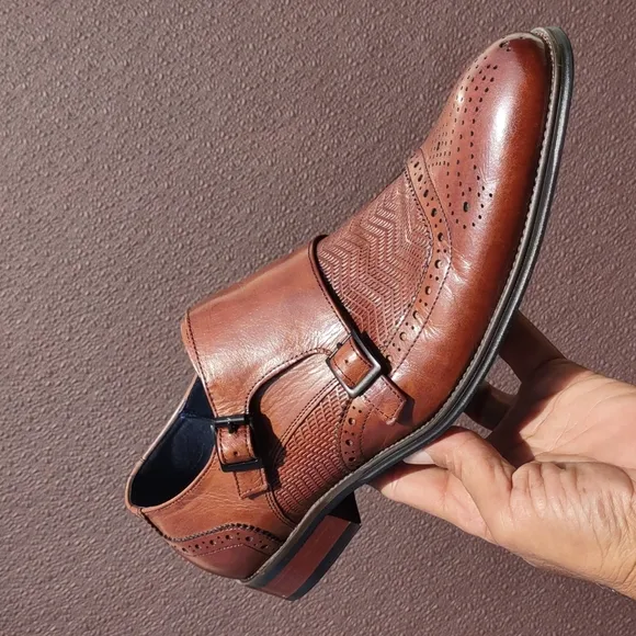 STACY ADAMS Men's Mabry Moc Toe Double Monk Strap Tan Buffalo Leather ShoeS