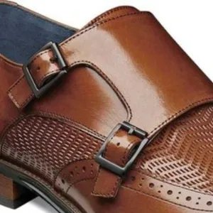 STACY ADAMS Men's Mabry Moc Toe Double Monk Strap Tan Buffalo Leather ShoeS