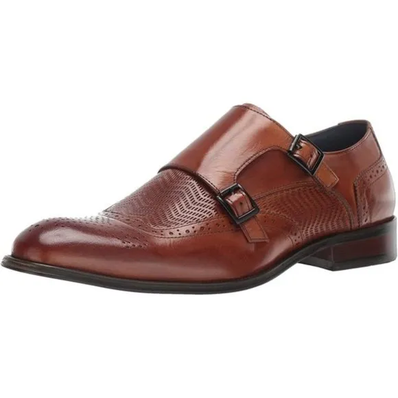 STACY ADAMS Men's Mabry Moc Toe Double Monk Strap Tan Buffalo Leather ShoeS