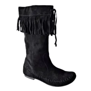 STEVE MADDEN Black Suede Fringe Moccasin Boots Boho 9 Spain