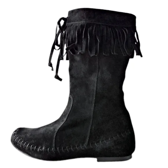 STEVE MADDEN Black Suede Fringe Moccasin Boots Boho 9 Spain