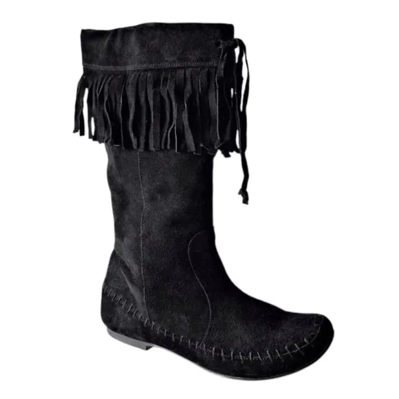 STEVE MADDEN Black Suede Fringe Moccasin Boots Boho 9 Spain