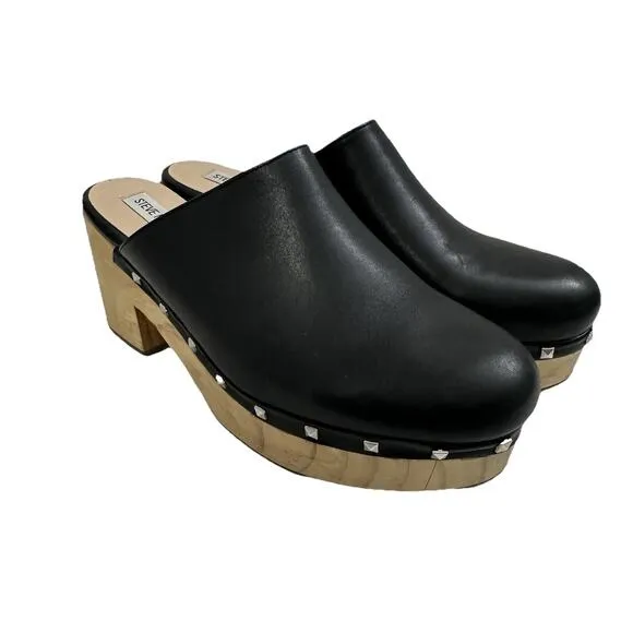 Steve Madden Platform Wooden Clogs Women 9 Black Leather Studded Y2K Boho Hippie