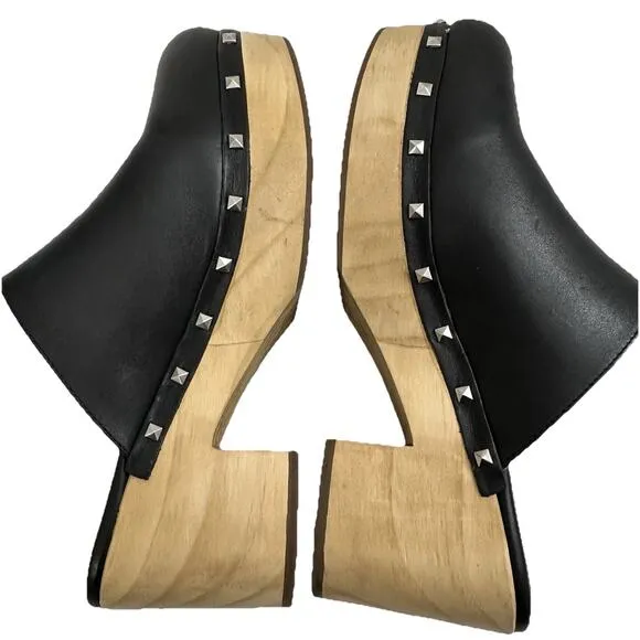 Steve Madden Platform Wooden Clogs Women 9 Black Leather Studded Y2K Boho Hippie