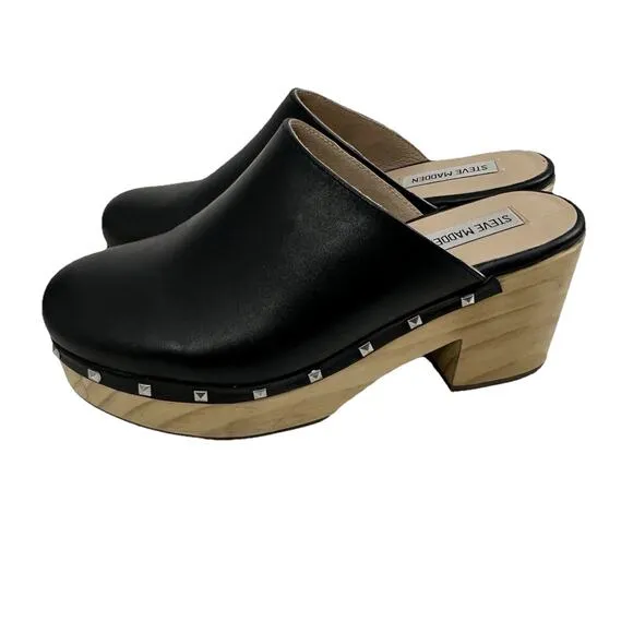 Steve Madden Platform Wooden Clogs Women 9 Black Leather Studded Y2K Boho Hippie