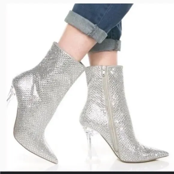 Steve Madden Vivy Silver Rhinestone Embellished Booties With Clear Heel Side Zip