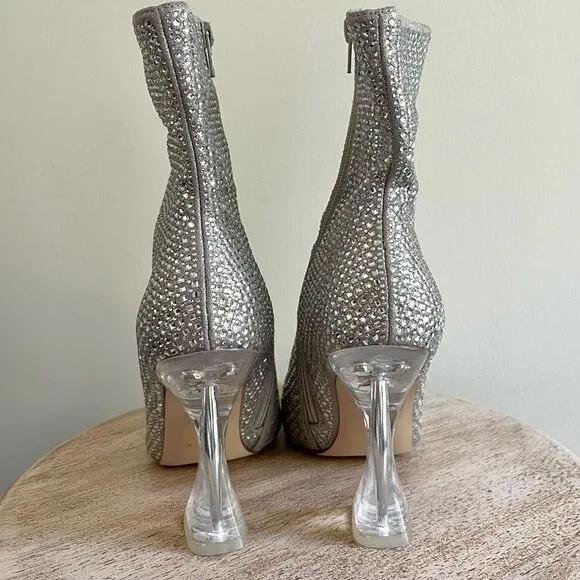 Steve Madden Vivy Silver Rhinestone Embellished Booties With Clear Heel Side Zip
