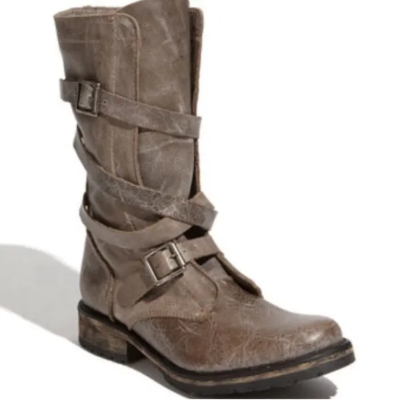 STEVE MADEN Banddit Taupe Distressed Leather Buckle Mid Calf Riding Boots Sz 9 M