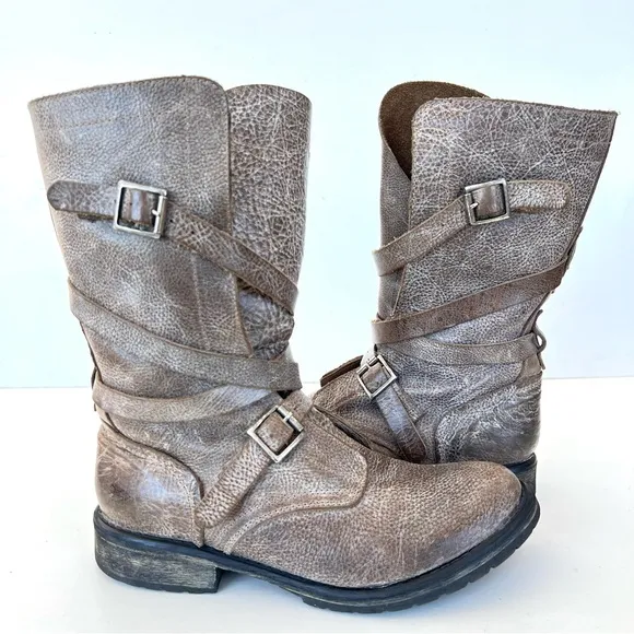 STEVE MADEN Banddit Taupe Distressed Leather Buckle Mid Calf Riding Boots Sz 9 M