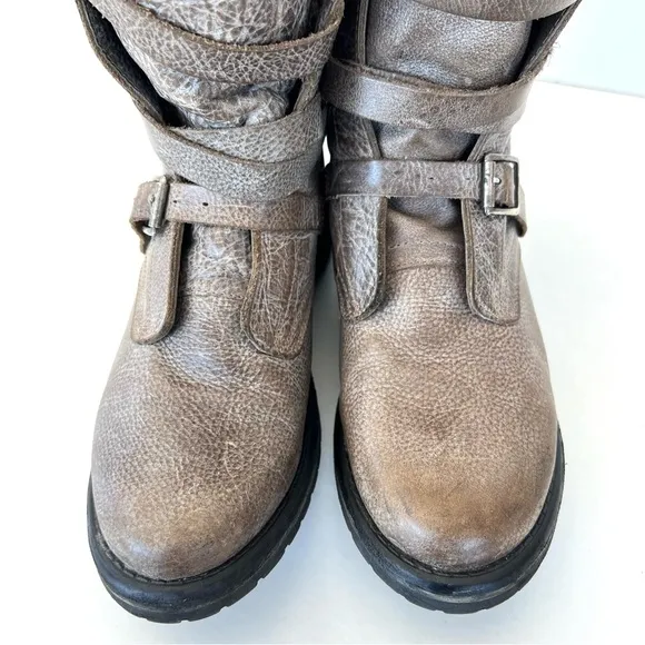 STEVE MADEN Banddit Taupe Distressed Leather Buckle Mid Calf Riding Boots Sz 9 M