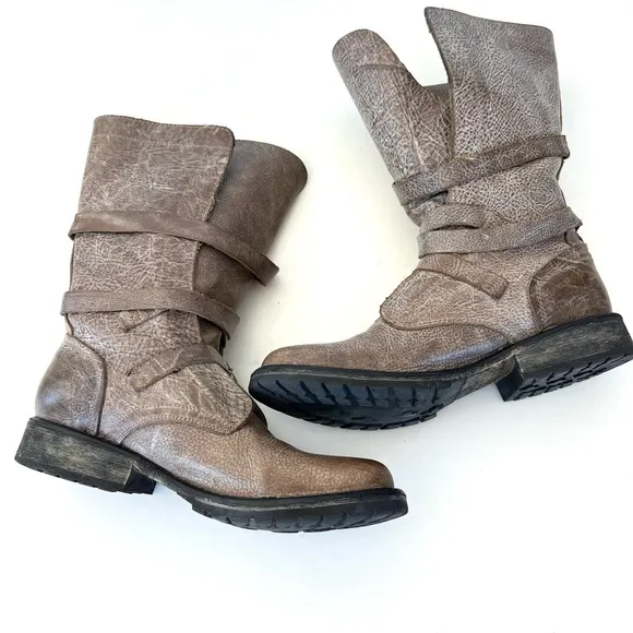 STEVE MADEN Banddit Taupe Distressed Leather Buckle Mid Calf Riding Boots Sz 9 M