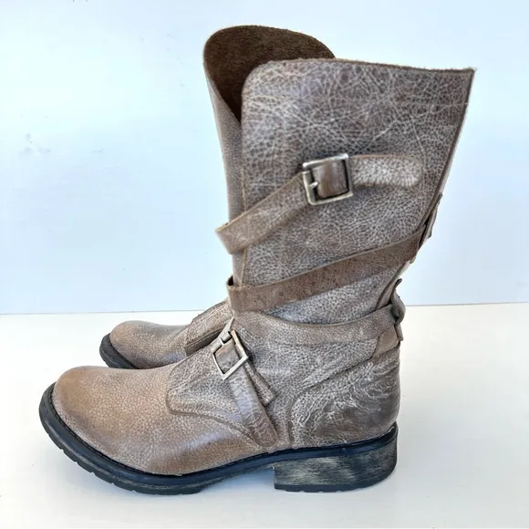 STEVE MADEN Banddit Taupe Distressed Leather Buckle Mid Calf Riding Boots Sz 9 M