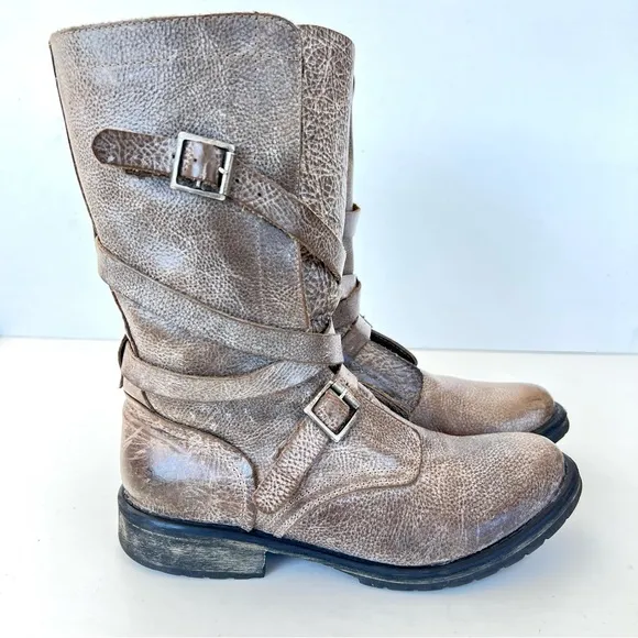 STEVE MADEN Banddit Taupe Distressed Leather Buckle Mid Calf Riding Boots Sz 9 M