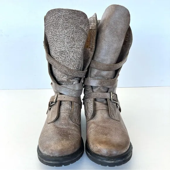STEVE MADEN Banddit Taupe Distressed Leather Buckle Mid Calf Riding Boots Sz 9 M
