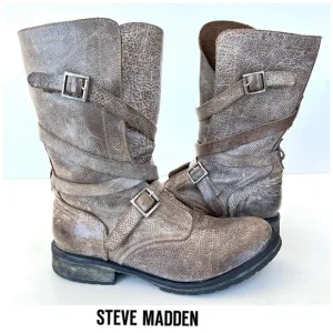 STEVE MADEN Banddit Taupe Distressed Leather Buckle Mid Calf Riding Boots Sz 9 M