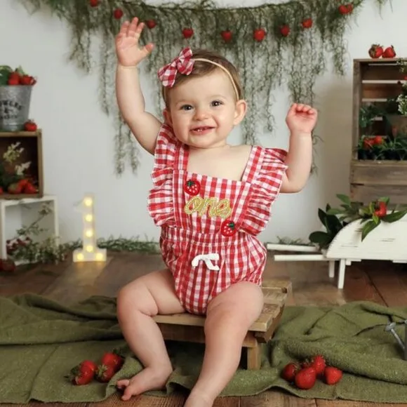Strawberry Dress first Birthday Romper Clothes outfit Berry sweet smash cake