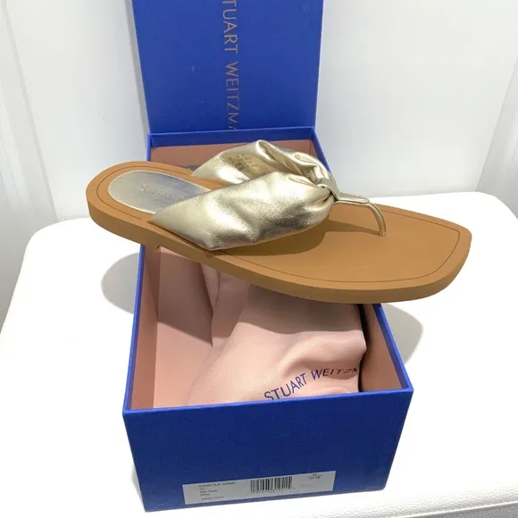 Stuart Weitzman Gold Metallic Cassie Round Toe Slip On Leather Flip Flop Sandals