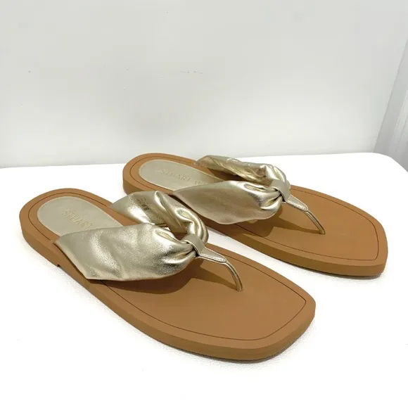 Stuart Weitzman Gold Metallic Cassie Round Toe Slip On Leather Flip Flop Sandals