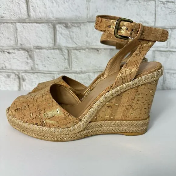 Stuart Weitzman Heels Wedge Sandals Open Toe Shoes Cork Jute Boho Metallic Brown