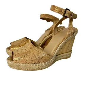 Stuart Weitzman Heels Wedge Sandals Open Toe Shoes Cork Jute Boho Metallic Brown