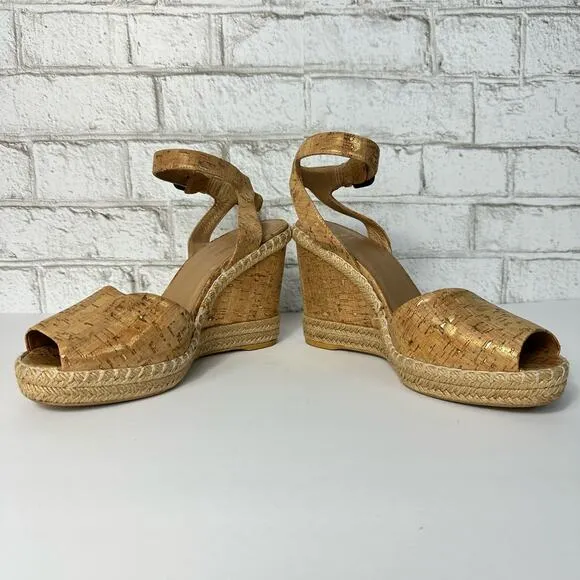 Stuart Weitzman Heels Wedge Sandals Open Toe Shoes Cork Jute Boho Metallic Brown