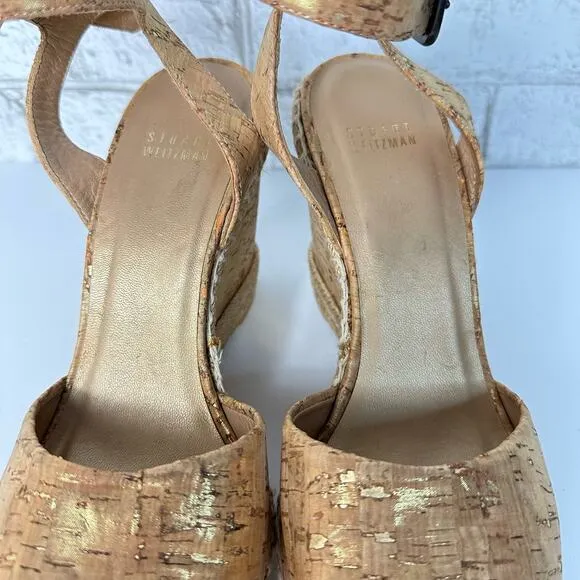 Stuart Weitzman Heels Wedge Sandals Open Toe Shoes Cork Jute Boho Metallic Brown