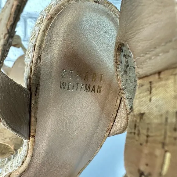 Stuart Weitzman Heels Wedge Sandals Open Toe Shoes Cork Jute Boho Metallic Brown