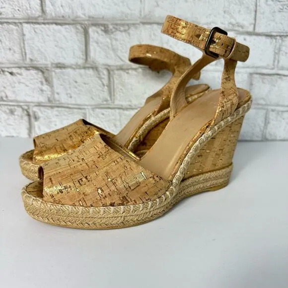 Stuart Weitzman Heels Wedge Sandals Open Toe Shoes Cork Jute Boho Metallic Brown