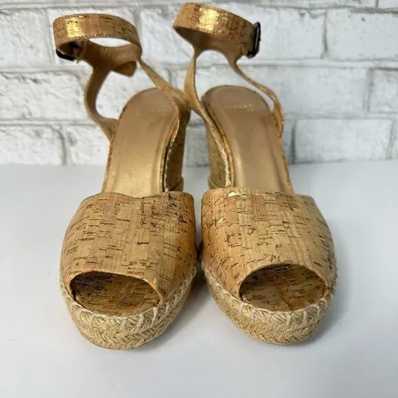 Stuart Weitzman Heels Wedge Sandals Open Toe Shoes Cork Jute Boho Metallic Brown