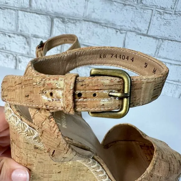 Stuart Weitzman Heels Wedge Sandals Open Toe Shoes Cork Jute Boho Metallic Brown