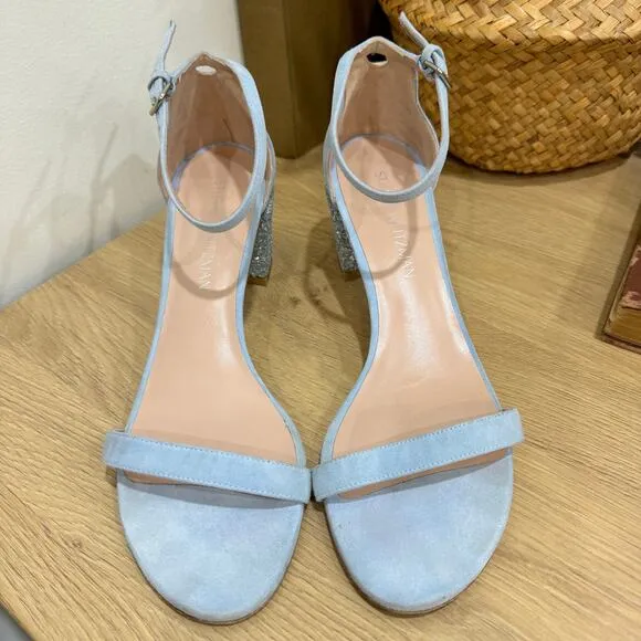 STUART WEITZMAN Nudist Block Sandals SZ 9 Light Blue Suede Glitter Heels