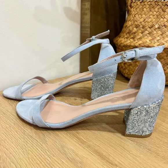 STUART WEITZMAN Nudist Block Sandals SZ 9 Light Blue Suede Glitter Heels
