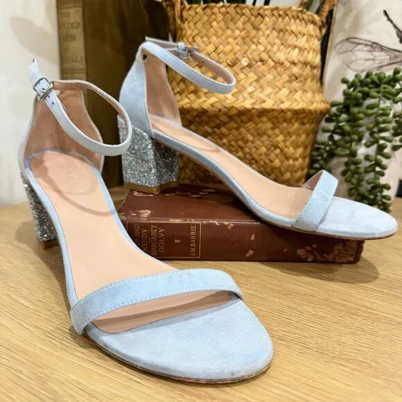 STUART WEITZMAN Nudist Block Sandals SZ 9 Light Blue Suede Glitter Heels