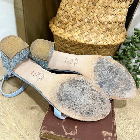 STUART WEITZMAN Nudist Block Sandals SZ 9 Light Blue Suede Glitter Heels