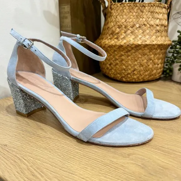 STUART WEITZMAN Nudist Block Sandals SZ 9 Light Blue Suede Glitter Heels